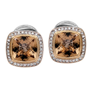 sterling silver and yellow gold earrings centered with citrine surrounded by round diamond haloes