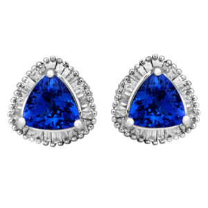 white gold earrings centered with trillion tanzanite surrounded by baguette diamonds