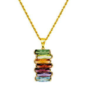 yellow gold drop pendant set with a rainbow of cushion colored gems