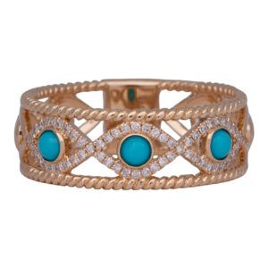 yellow gold braided cut-out band set with round cabochon turquoise & round brilliant diamonds