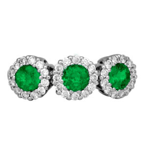 white gold 3-stone halo ring centered with round emeralds surrounded by round diamonds