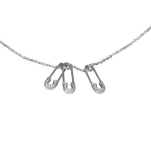white gold pendant set with 3 safety pins set with diamonds