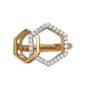 yellow gold double hexagon ring set with round diamonds