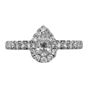 white gold halo engagement ring centered with a pear diamond surrounded by round diamonds