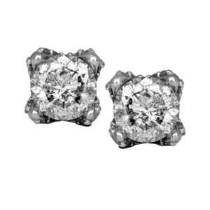 white gold earrings set with round diamonds surrounded by single cut diamonds