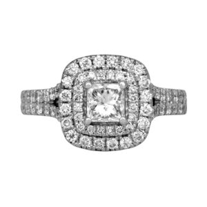 white gold engagement ring with a princess diamond surrounded by round diamonds in the double halo & band