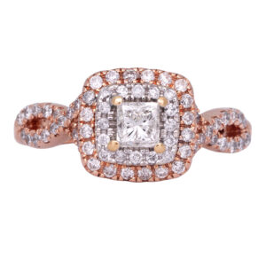 rose gold double halo engagement ring centered with a princess diamond surrounded by round diamonds