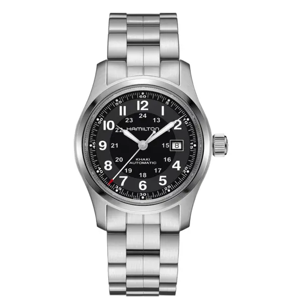 close up of a New Hamilton Khaki Field watch, 42mm in stainless steel with a black dial, sapphire crystal, folding clasp, and automatic movement.