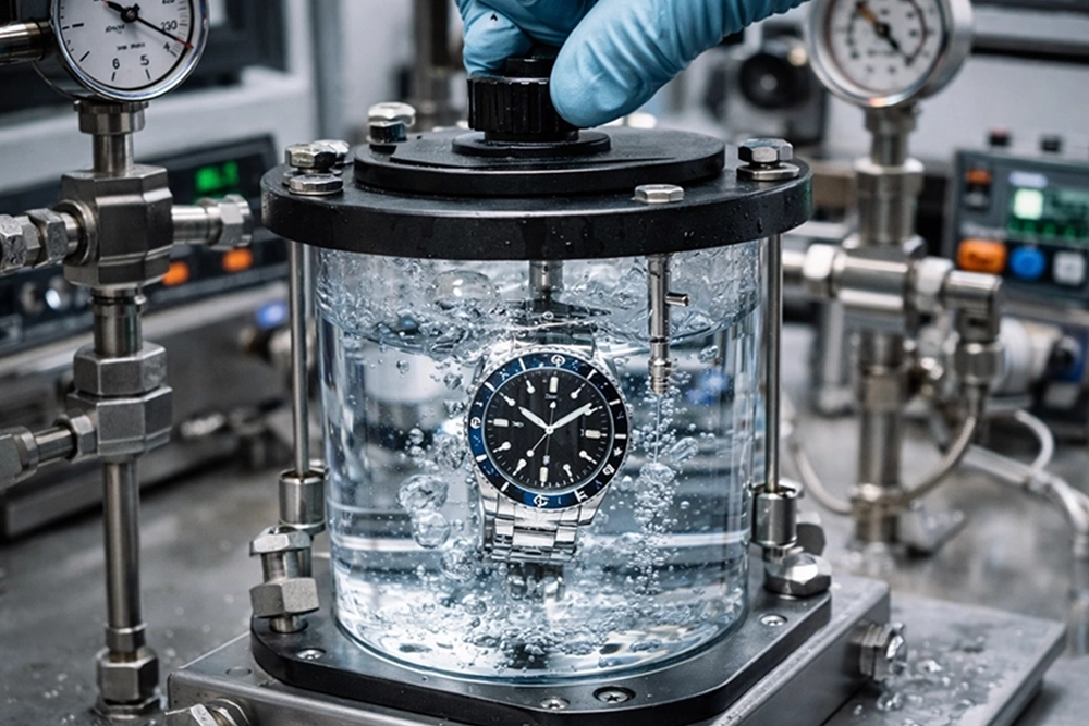 Luxury watch submerged in a laboratory water tank as a gloved hand controls the pressure valve during water resistance testing.