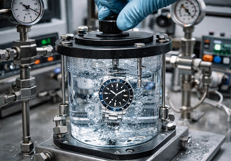 Luxury watch submerged in a laboratory water tank as a gloved hand controls the pressure valve during water resistance testing.
