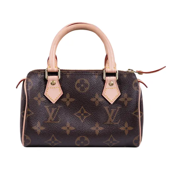 a close up of a Vintage brown monogram leather Louis Vuitton Speedy Nano handbag with dust cover.