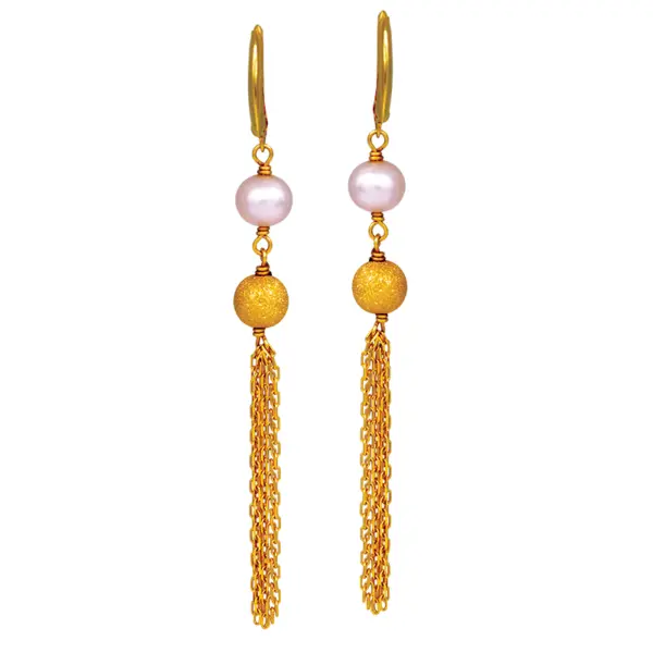 a close up of Vintage 14k yellow gold drop earrings set with pink freshwater pearls.