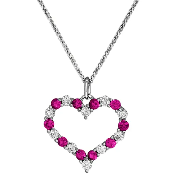a close up of a Vintage 14k white gold open heart pendant set with 1.00 carat of round brilliant pink sapphires & 0.70 carats of round brilliant diamonds on a 17″ chain