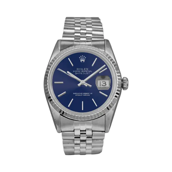 A close up of a Pre-owned Rolex Datejust watch, 36mm in stainless steel with a blue dial, sapphire crystal, 18k white gold fluted bezel, Jubilee bracelet, folding clasp, and automatic movement.