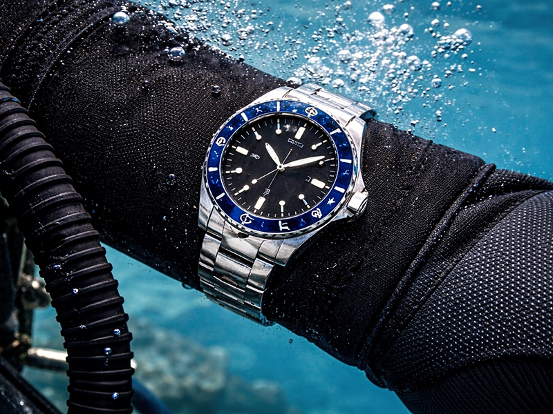 Underwater close-up of a high-end diving watch worn over a wetsuit on a scuba diver's arm, highlighting underwater resistance and performance.