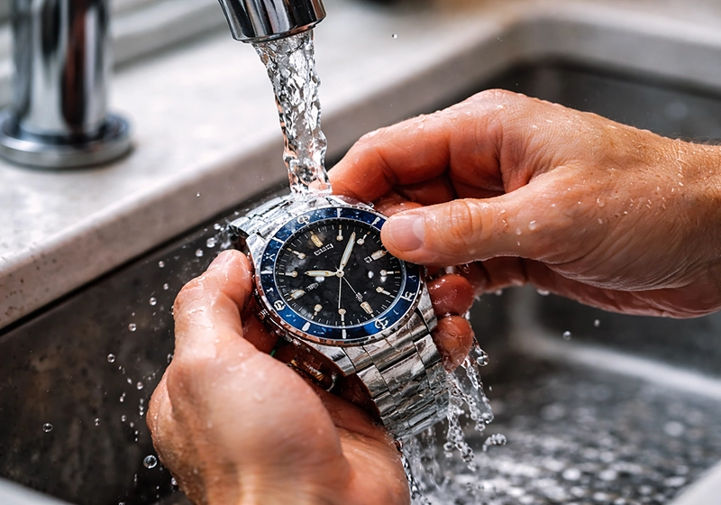 Luxury watch held over a sink as tap water flows out of the faucet and cascades over the watch face, showcasing water resistance and durability