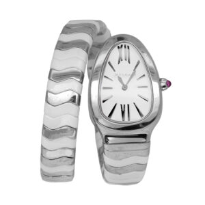 stainless steel bulgari serpenti watch with white dial and white ceramic details