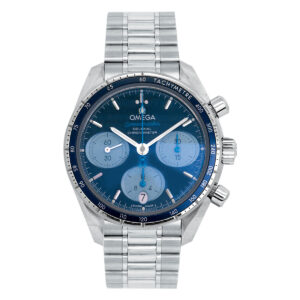 stainless steel watch with a blue chronograph dial