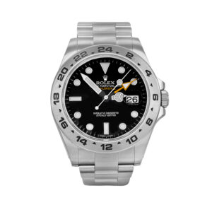 stainless steel Rolex with a black dial, white index markers, and numbered bezel