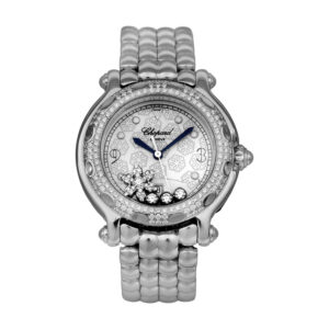 stainless steel watch with a diamond bezel, snowflake dial with floating diamonds over the dial