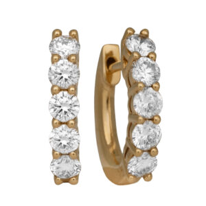yellow gold huggie hoop earrings set with round diamonds