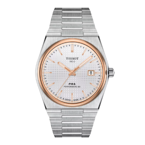 stainless steel Tissot PRX with a gold PVD bezel and silver dial