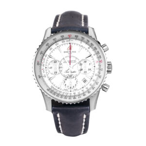 stainless steel watch with a white chronograph dial and black leather strap