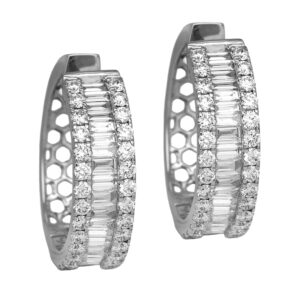 white gold hoop earrings set with round brilliant & baguette diamonds