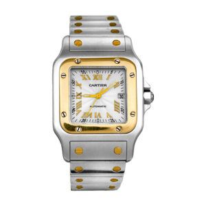 stainless steel and yellow gold Cartier Santos Galbee with a white dial and gold bezel