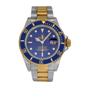 stainless steel and yellow gold Rolex Submariner with a blue dial and blue bezel