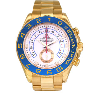 yellow gold Rolex Yacht-Master with a white dial and blue bezel
