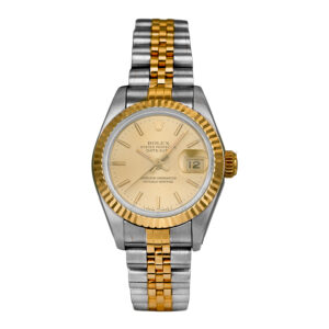 yellow gold and stainless steel Rolex watch with a champagne dial