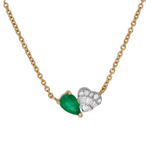 yellow gold pendant set with a pear emerald and a heart shaped cluster of baguette and round diamonds