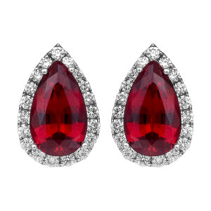 white gold halo earrings set with pear rubies surrounded by round diamonds