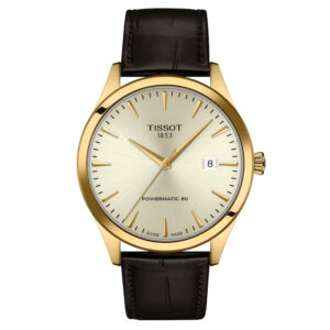 yellow gold PVD watch with an ivory dial and brown leather strap