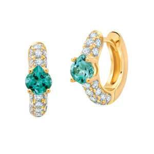 yellow gold huggie hoop earrings set with onion cut chrysoberyl & round diamonds