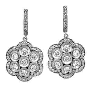 white gold and platinum flower drop earrings set with round diamonds