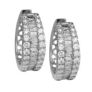 white gold hoop earrings set with round brilliant & baguette diamonds