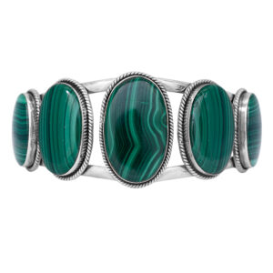 sterling silver cuff bracelet set with oval malachite
