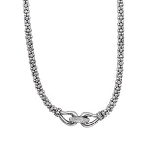 sterling silver necklace with a buckle set with round diamonds