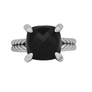 sterling silver David Yurman cable ring set with a cushion onyx with diamonds in the prongs