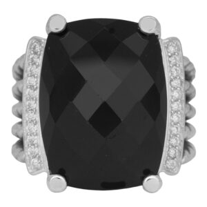 sterling silver ring with a cushion checkerboard onyx flanked by round brilliant diamonds
