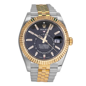stainless steel and yellow gold Rolex Sky-Dweller with a black dial