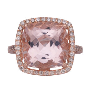 rose gold halo ring centered with a cushion morganite surrounded by round brilliant diamonds