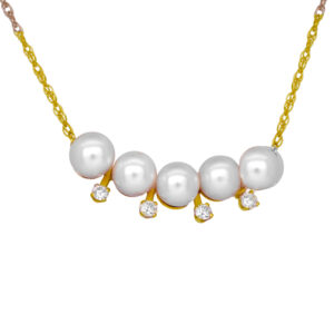 yellow gold curved station pendant set with akoya pearls and round diamonds