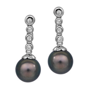 white gold Tahitian pearl and round diamond drop earrings
