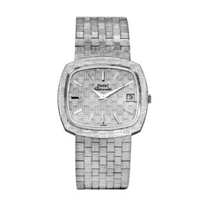 white gold Piaget watch with a basketweave texture on the dial and bracelet