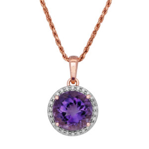 halo pendant centered with a round amethyst surrounded by round brilliant diamonds