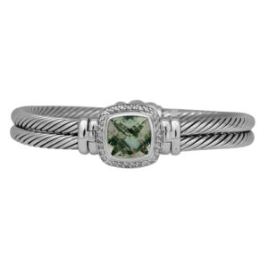 sterling silver braided cuff with a prasiolite cushion surrounded by round diamonds
