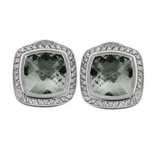 sterling silver earrings centered with cushion prasiolite surrounded by round diamonds